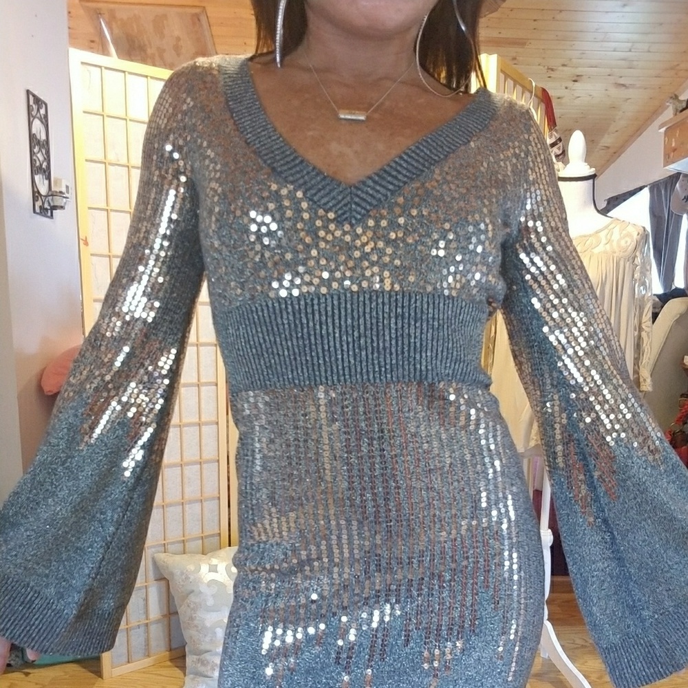 Arden B  brown knit  and gold sequins party dress